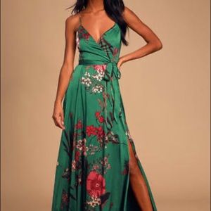 Lulus Still the One Emerald Green Floral Print Satin Maxi - Medium